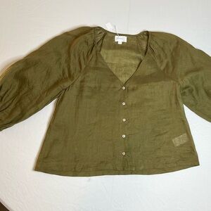 Sheer 3/4 bubble sleeve Olive Green Women's Top